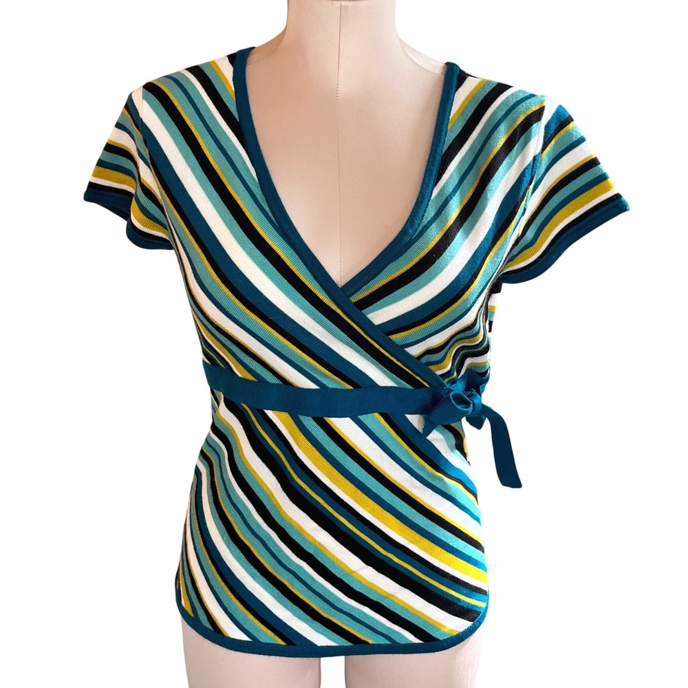New York & Co Y2K Womens Striped Babydoll Wrap Front Knit Top Side Tie Small